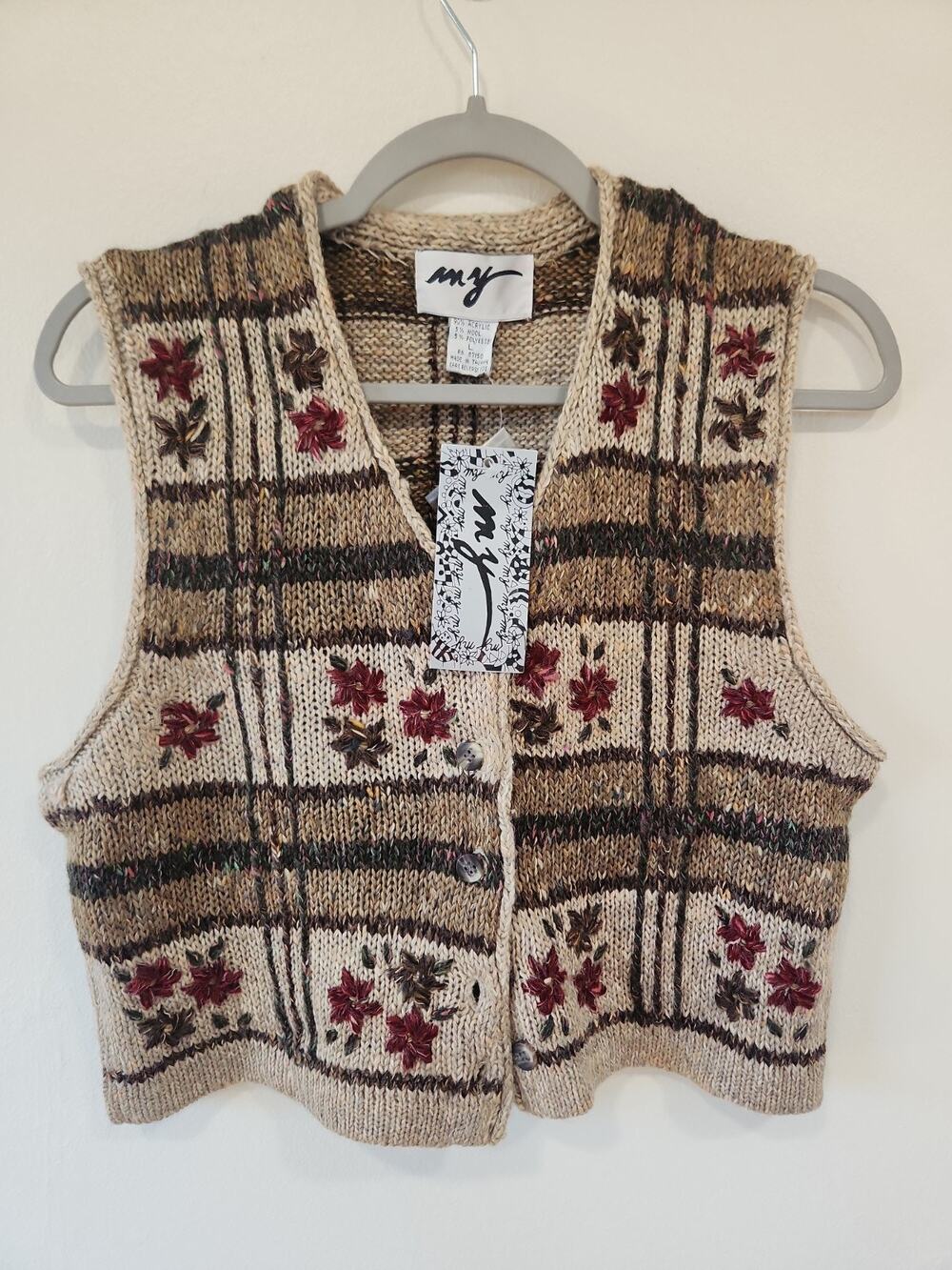 MY Women's GRANNYCORE CROPPED KNIT Sweater Vest Size LARGE FLORAL PAISLEY